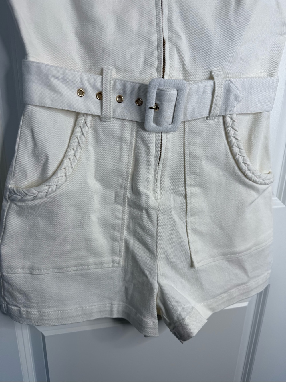 Show Me Your MuMu Outlaw Denim Romper Pearly White Small Revolve NWT - Picture 8 of 15